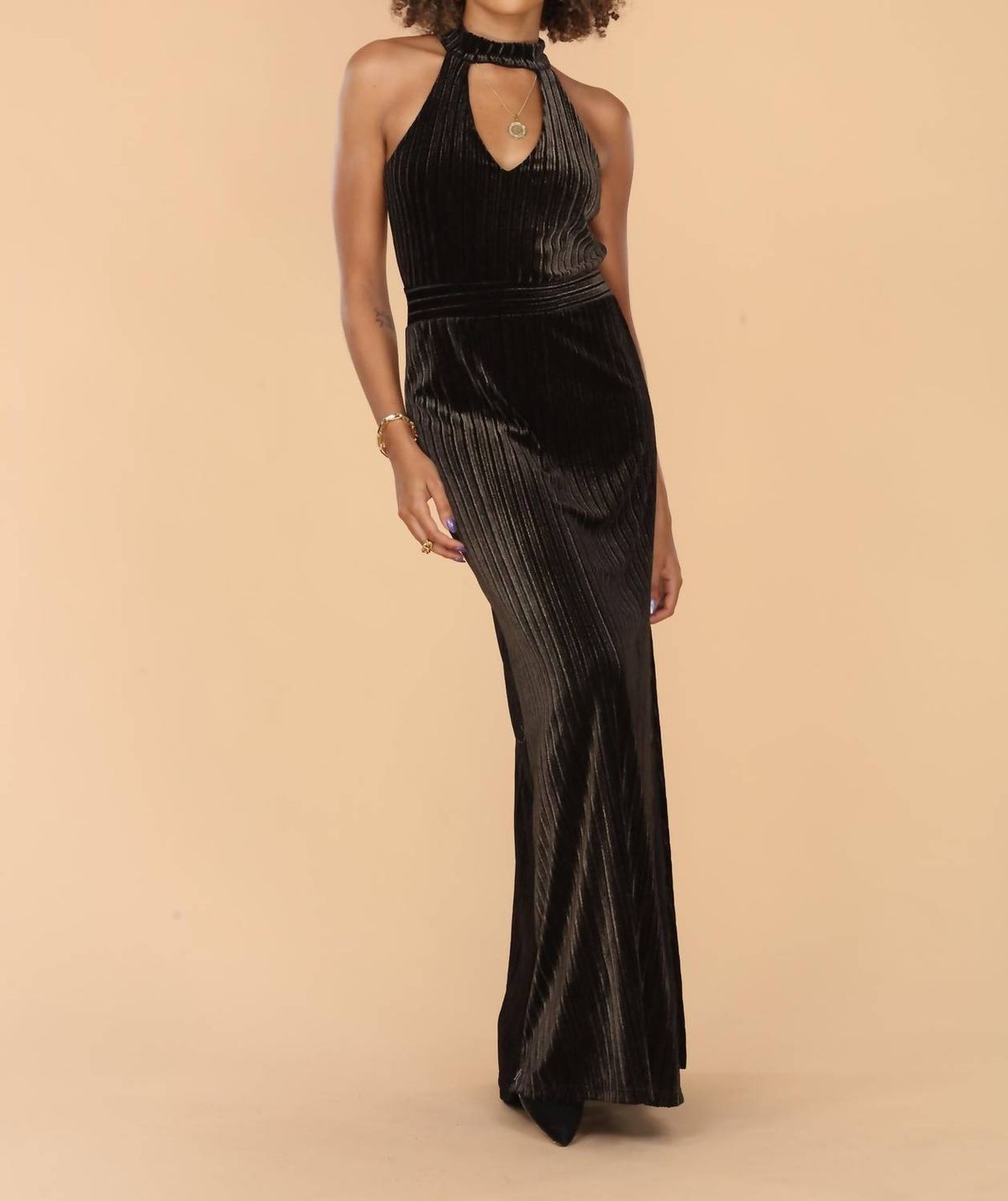 Style 1-729621656-3855 Veronica M Size XS Halter Velvet Black Side Slit Dress on Queenly