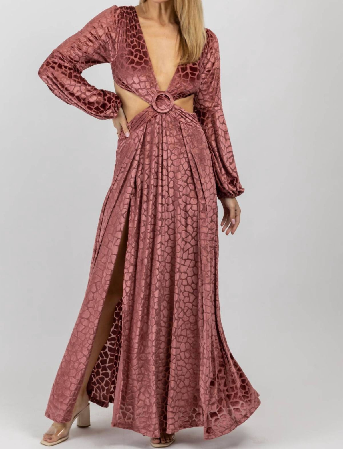 Style 1-733869085-2696 LUXXEL Size L Long Sleeve Velvet Red Floor Length Maxi on Queenly