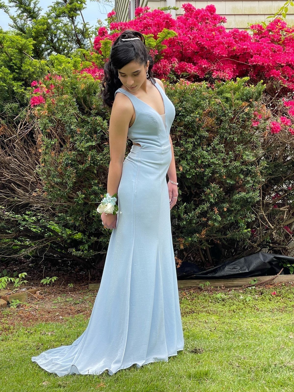 Style 97495 Dave and Johnny Size 6 Prom Halter Blue Mermaid Dress on Queenly