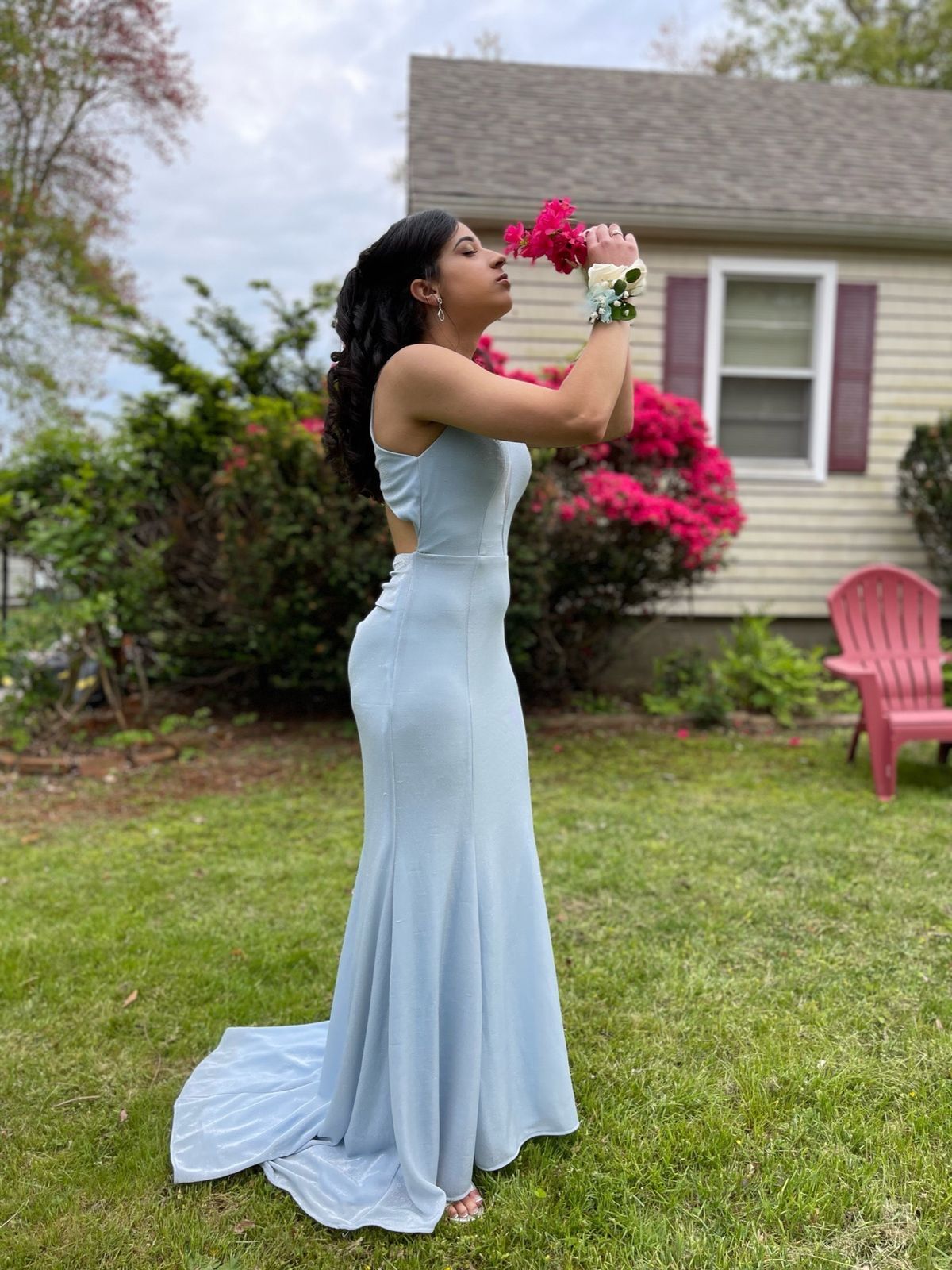 Style 97495 Dave and Johnny Size 6 Prom Halter Blue Mermaid Dress on Queenly