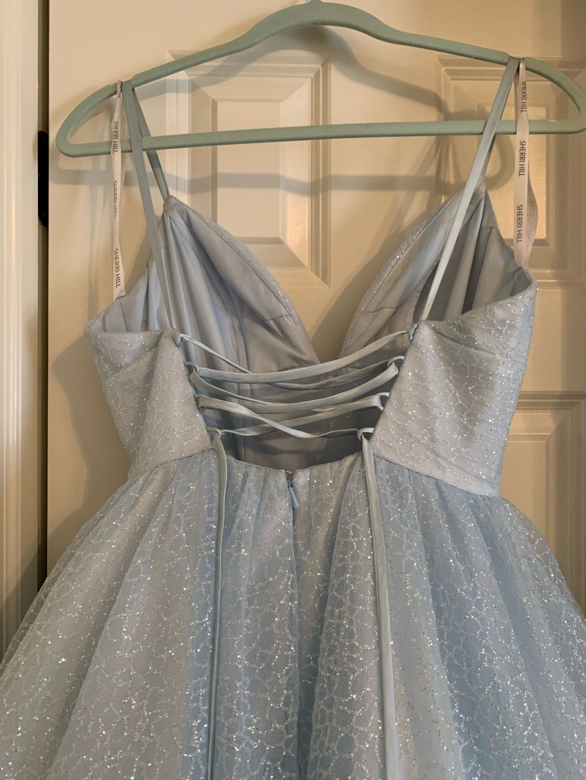 Sherri Hill Size 4 Plunge Light Blue Ball Gown on Queenly