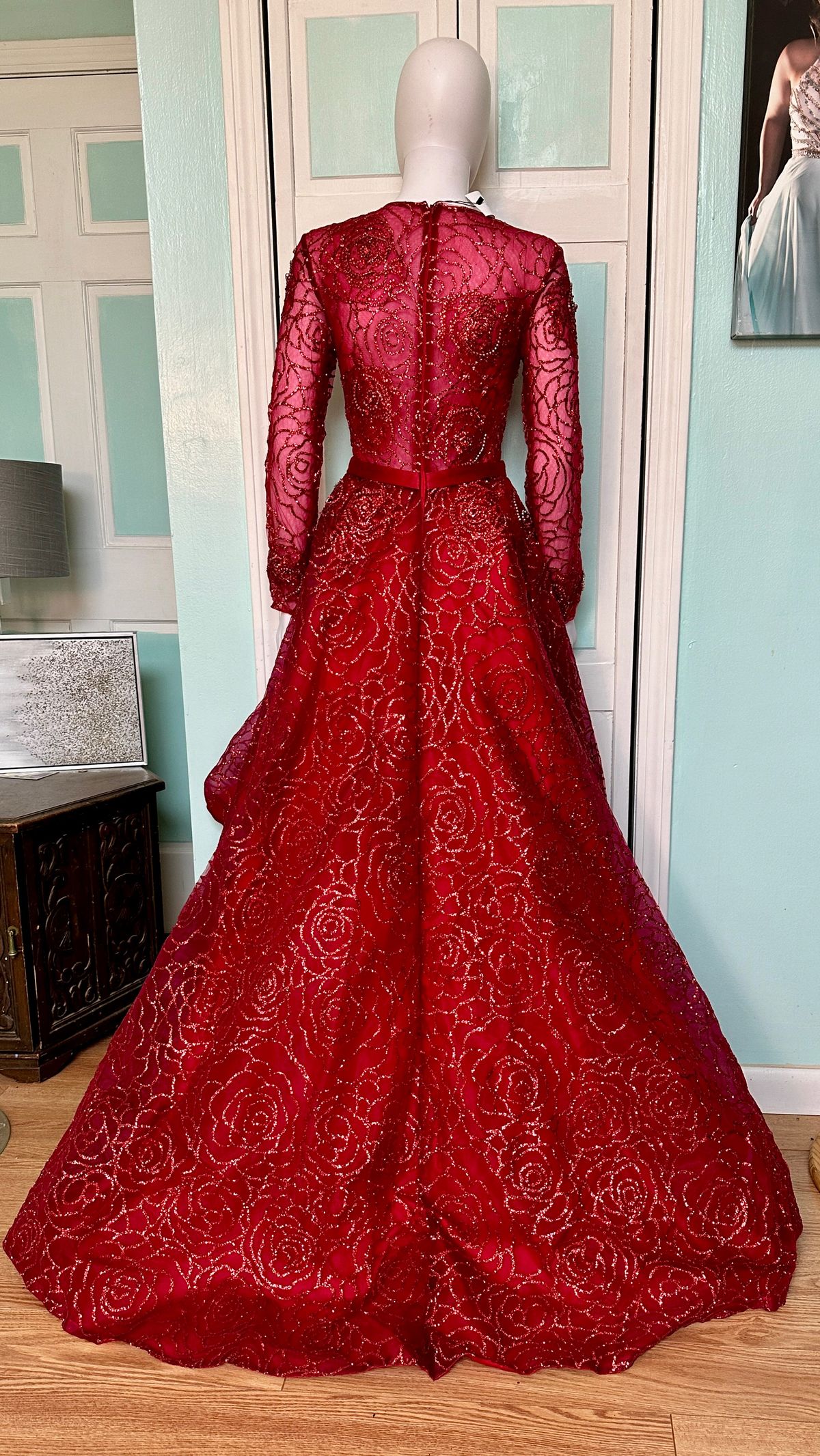 Style 18333 Jolene Size 4 Prom Long Sleeve Sequined Red Dress With Train on Queenly