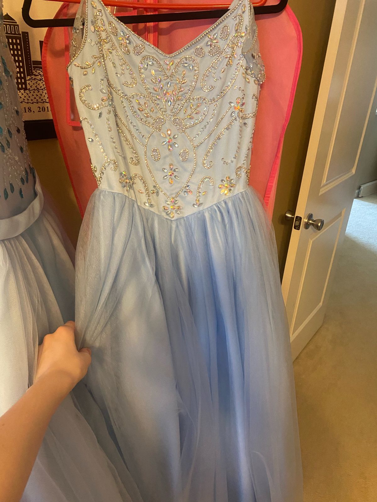 Girls Size 14 Pageant Off The Shoulder Sequined Light Blue Ball Gown on Queenly
