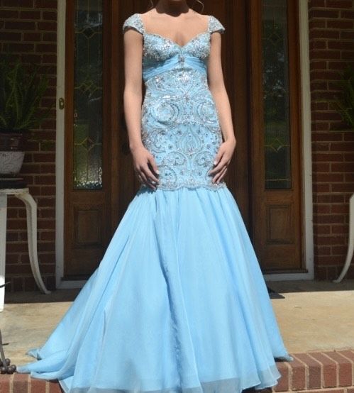Style 21036 Sherri Hill Size 4 Prom Cap Sleeve Sequined Light Blue Mermaid Dress on Queenly