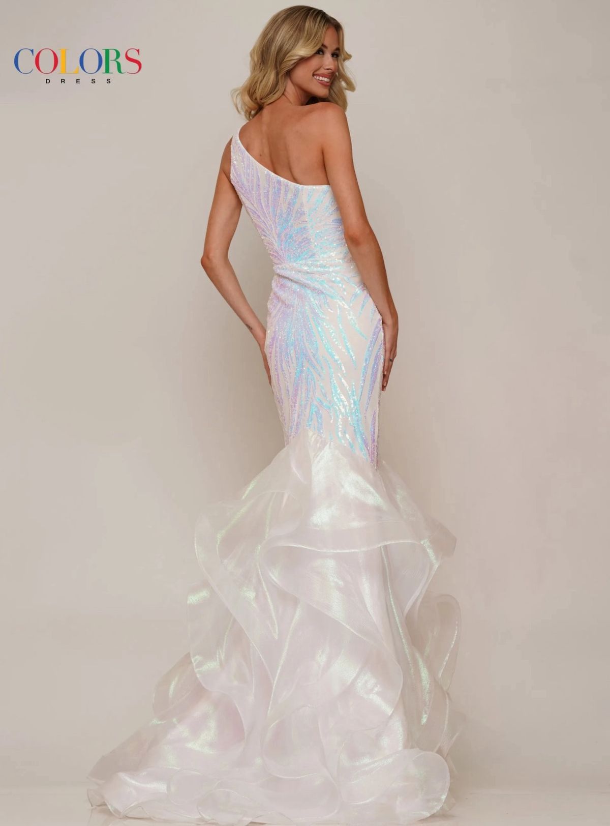 Style 2925 Colors Size 4 Prom One Shoulder White Mermaid Dress on Queenly