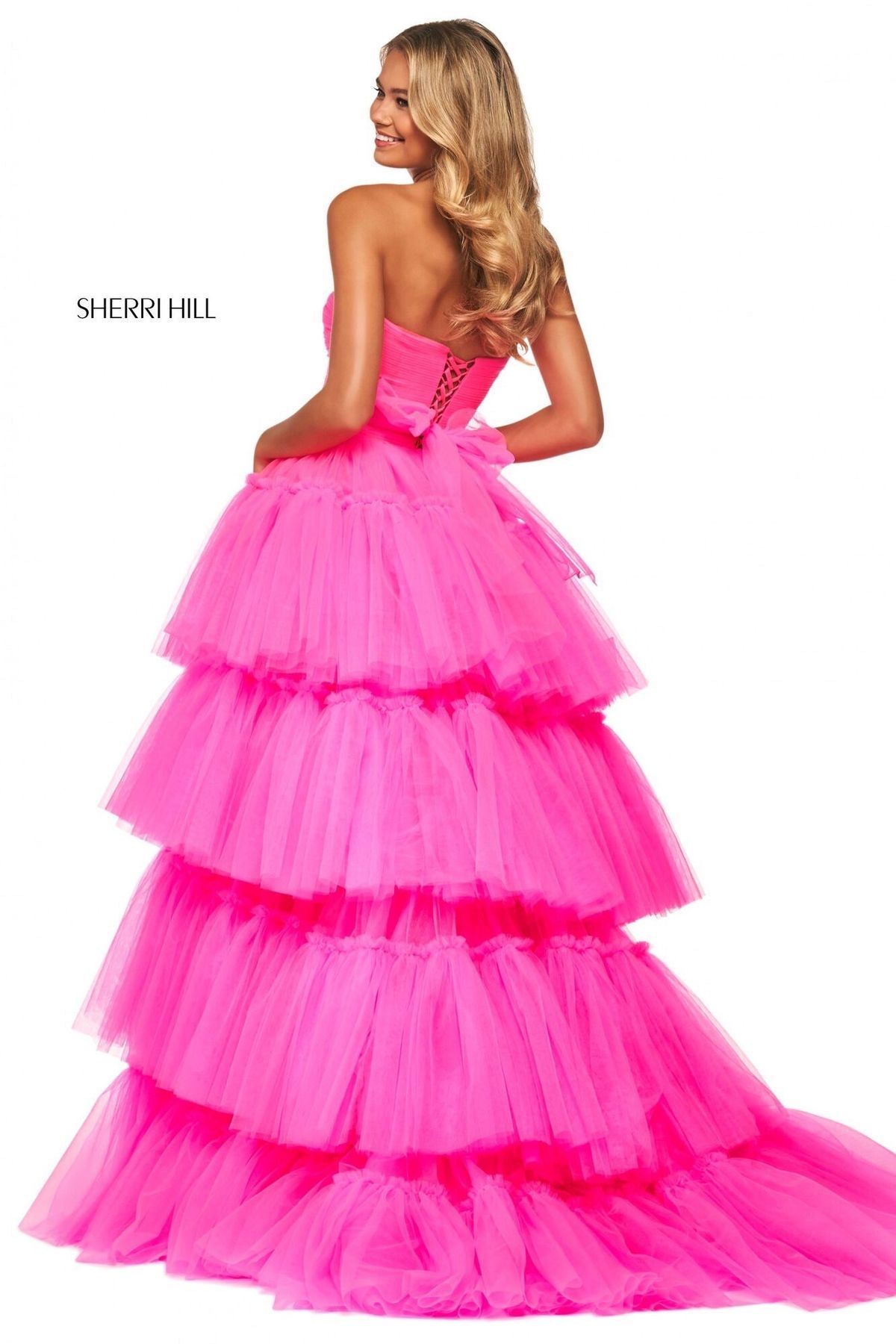 Style 53776 Sherri Hill Size 4 Prom Strapless Hot Pink Dress With Train on Queenly