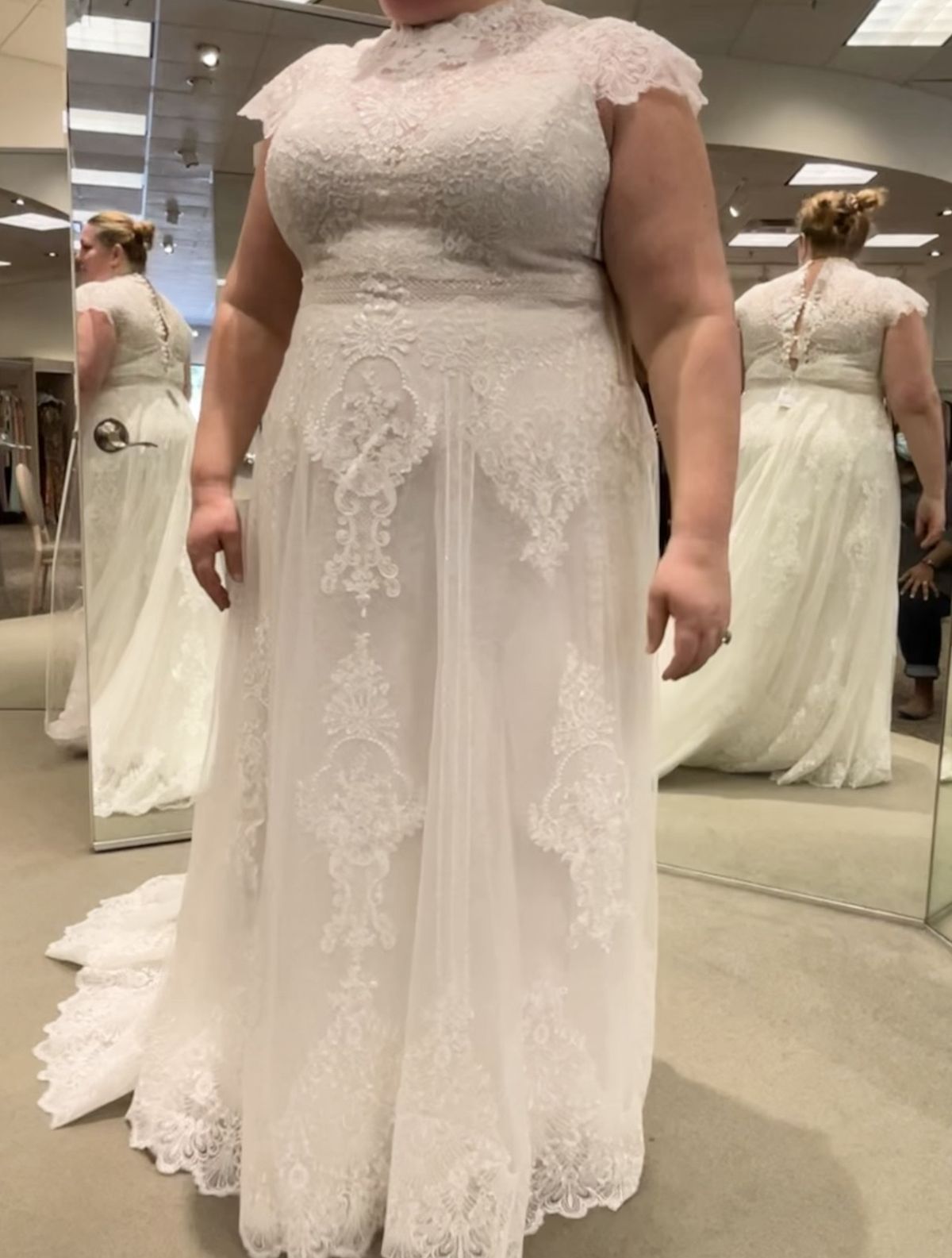 Style 25130147 David's Bridal Plus Size 24 Wedding High Neck Lace White Dress With Train on Queenly