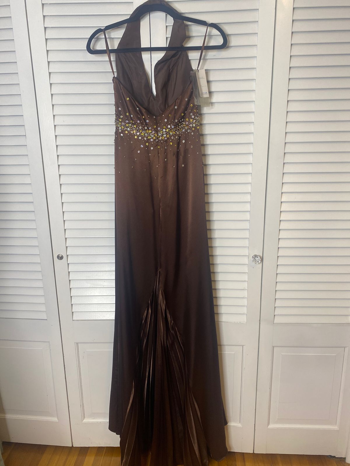 Style 5477 Night Moves Size 4 Prom Halter Sequined Brown Floor Length Maxi on Queenly