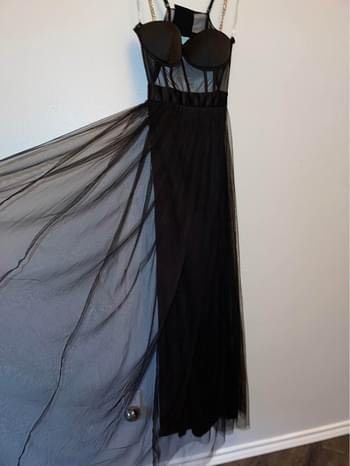 Windsor Size 8 Prom Plunge Sheer Black A-line Dress on Queenly