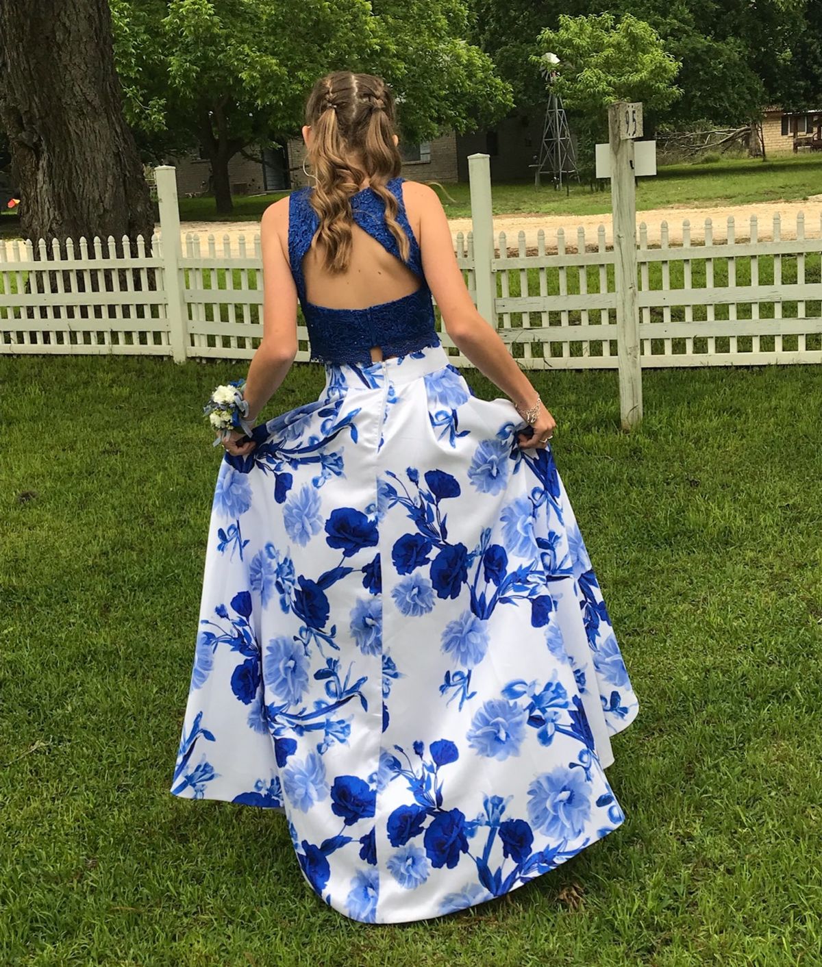 My Michelle Size 0 Prom High Neck Lace Blue Ball Gown on Queenly