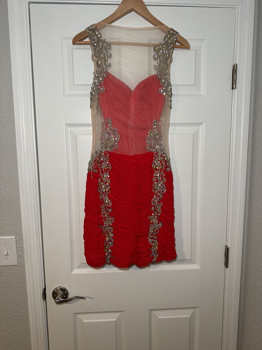 Jovani Size 4 Homecoming Plunge Sequined Red Cocktail Dress on Queenly