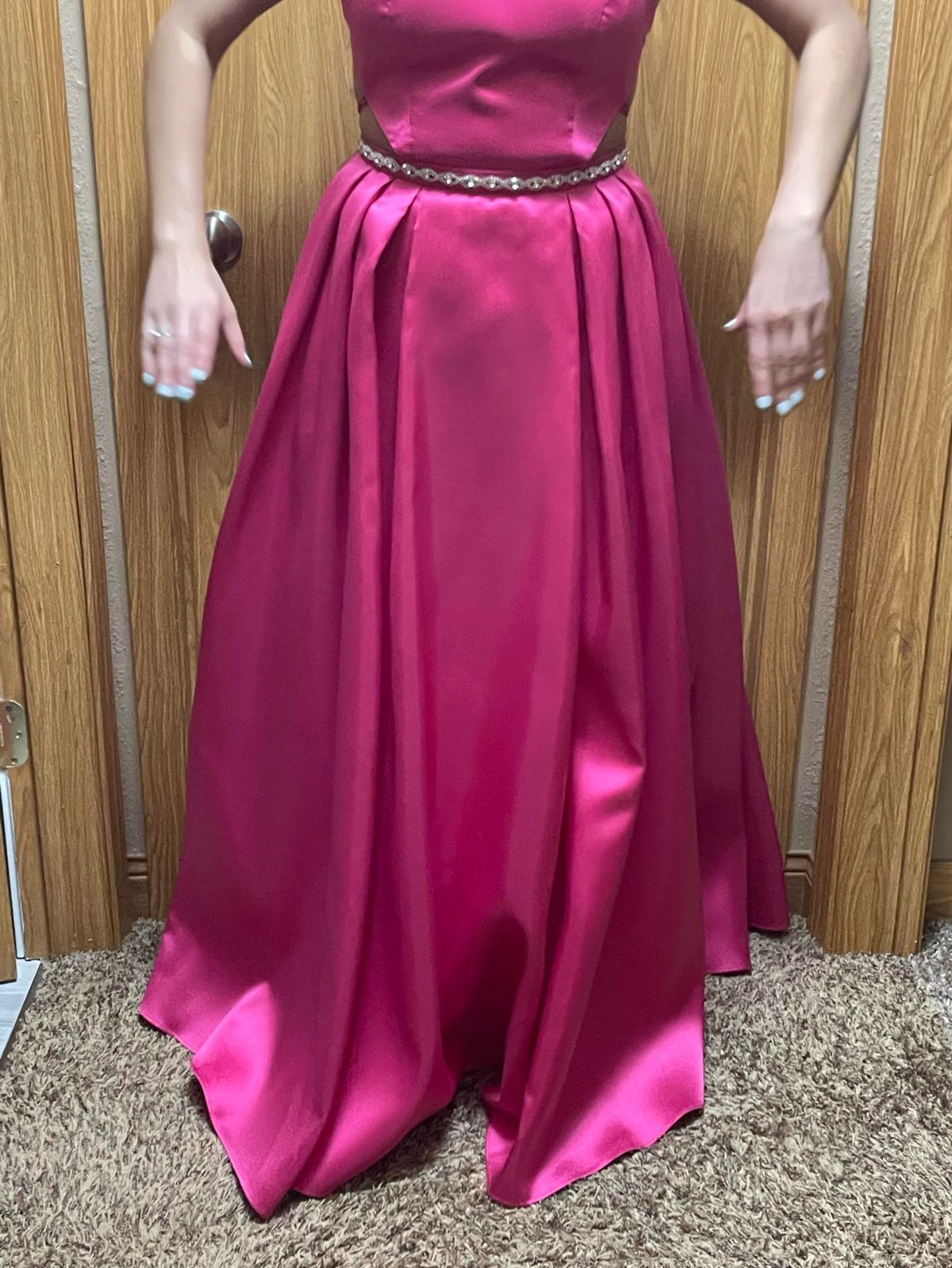 Madison James Size 8 Prom High Neck Hot Pink Ball Gown on Queenly