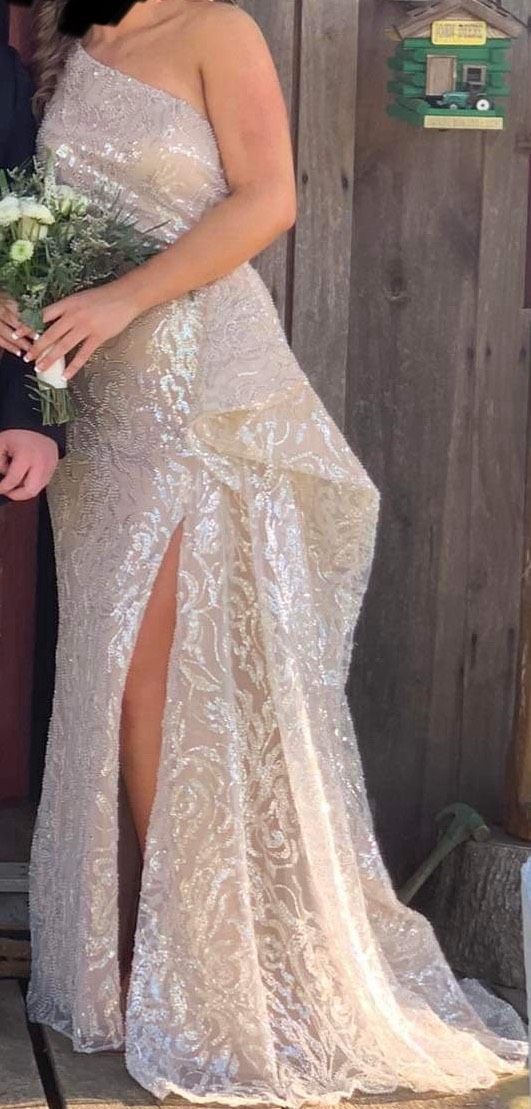 Style 54841 Sherri Hill Size 8 Prom One Shoulder Sheer Nude Side Slit Dress on Queenly