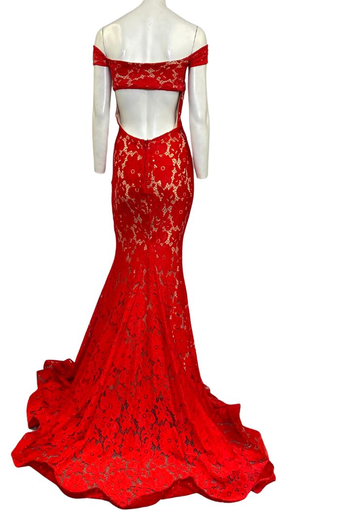 Style 530 Jessica Angel Size 4 Prom Off The Shoulder Lace Red Mermaid Dress on Queenly