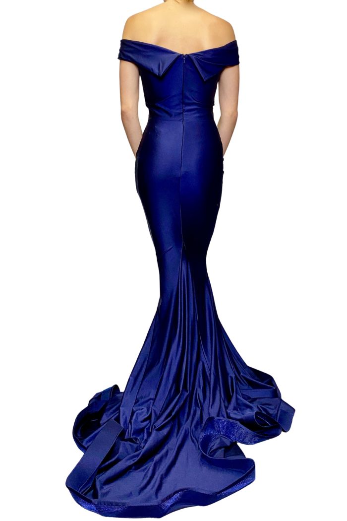 Style 528 Jessica Angel Size 4 Bridesmaid Off The Shoulder Navy Blue Mermaid Dress on Queenly