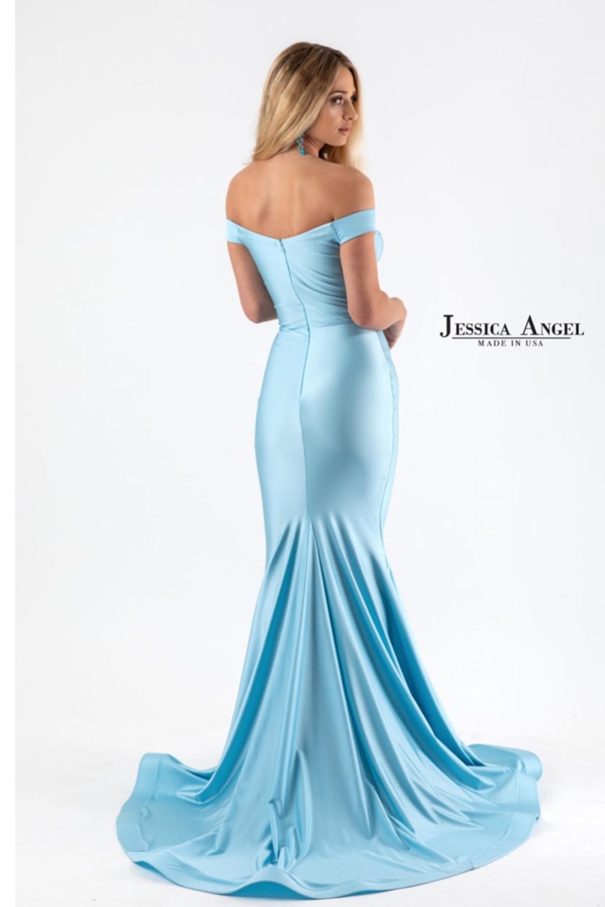 Style 583 Jessica Angel Size 4 Bridesmaid Off The Shoulder Light Blue Mermaid Dress on Queenly