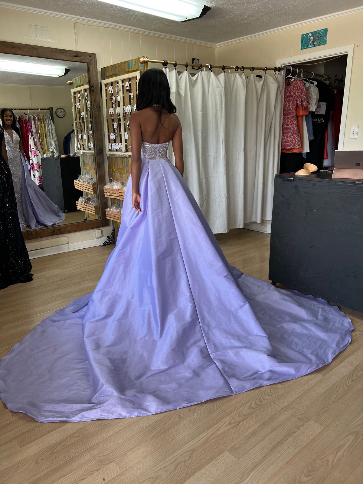 Style PS22926 Portia and Scarlett Size 0 Prom Halter Sheer Light Purple Floor Length Maxi on Queenly