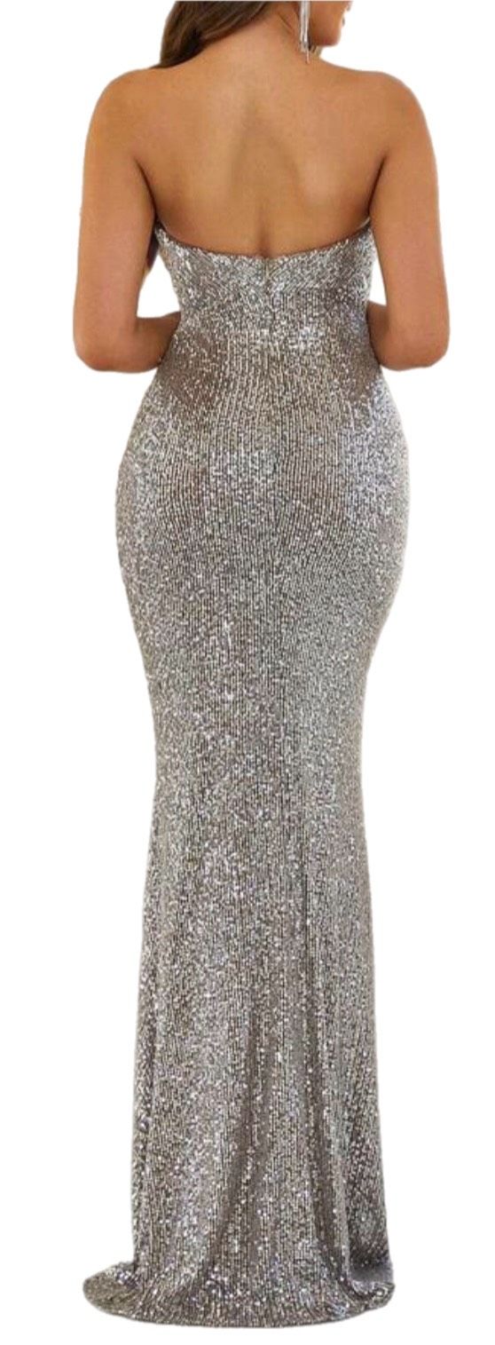 Size S Prom Strapless Sheer Silver Floor Length Maxi on Queenly