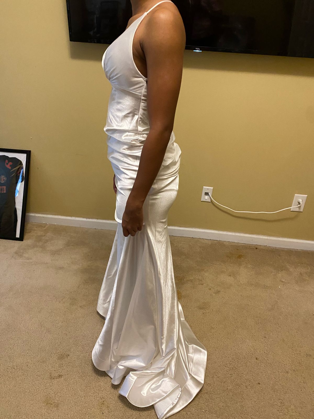 Size S Prom Plunge White A-line Dress on Queenly