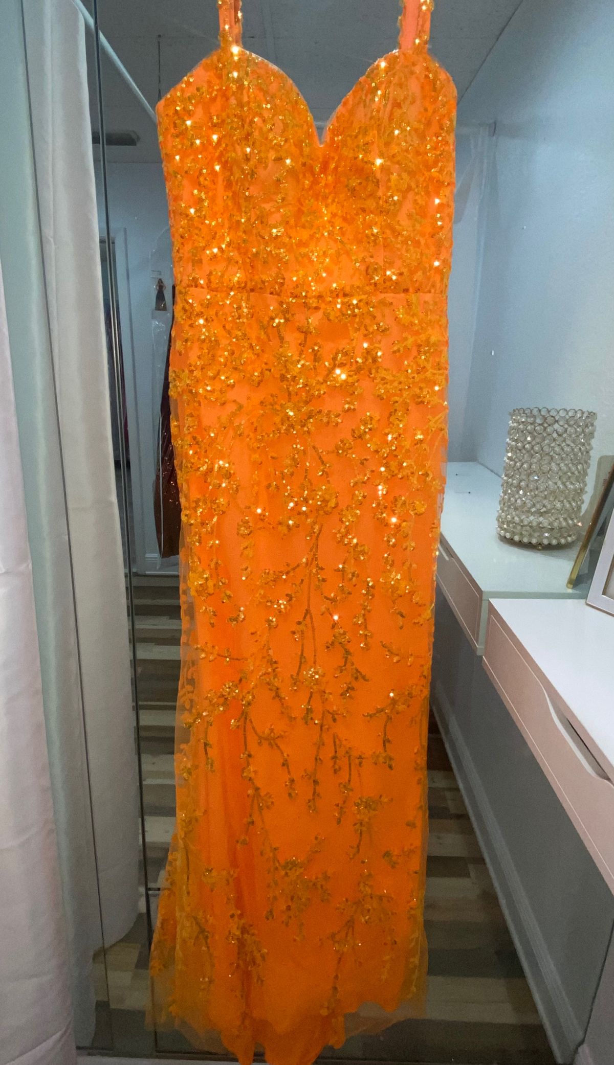 Style 28040 MoriLee Size 12 Plunge Orange Ball Gown on Queenly