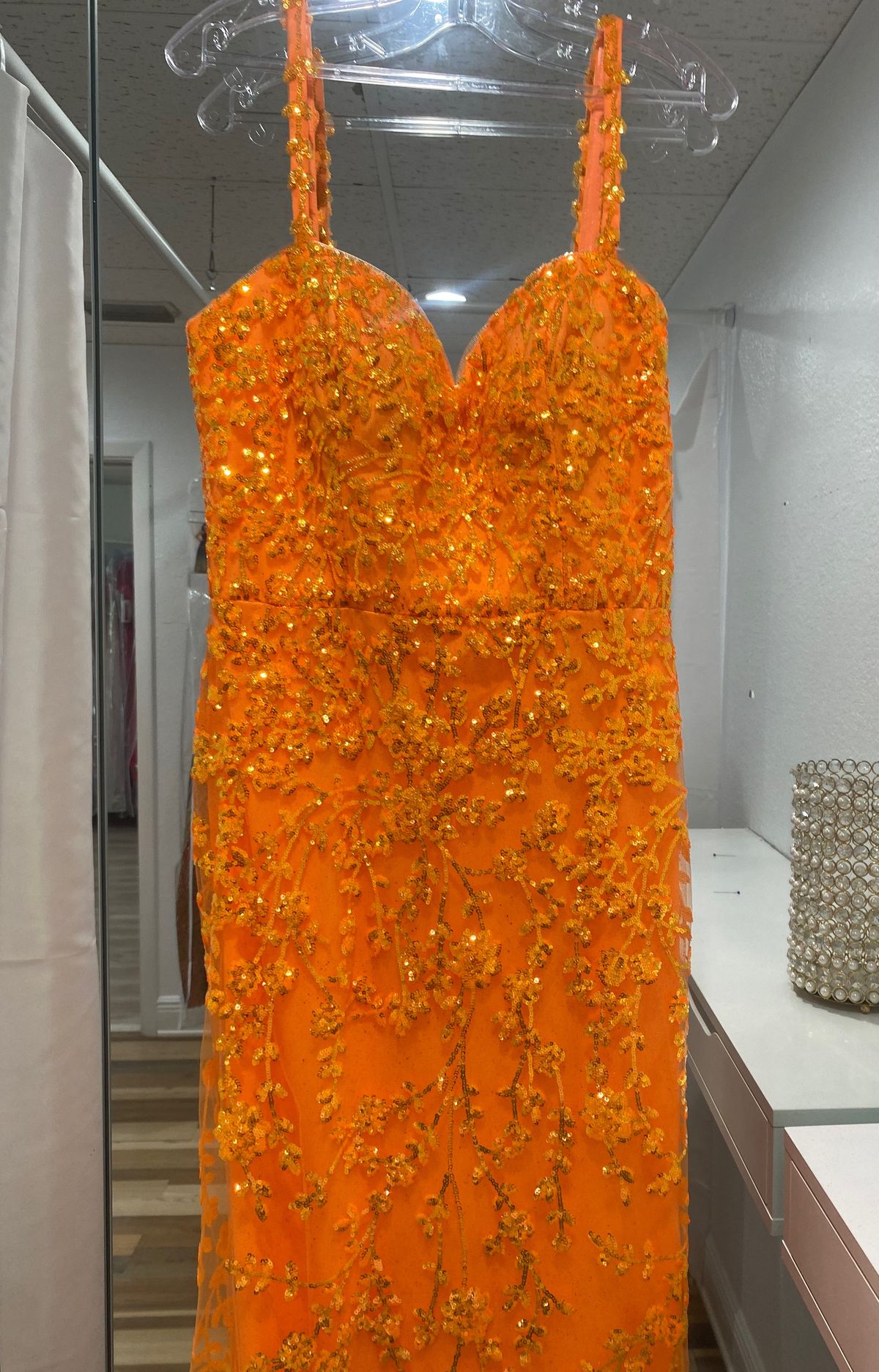 Style 28040 MoriLee Size 12 Plunge Orange Ball Gown on Queenly