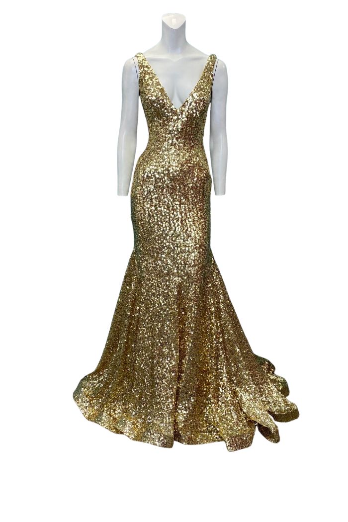 Style 23079 Jovani Size 2 Pageant Plunge Sheer Gold Floor Length Maxi on Queenly