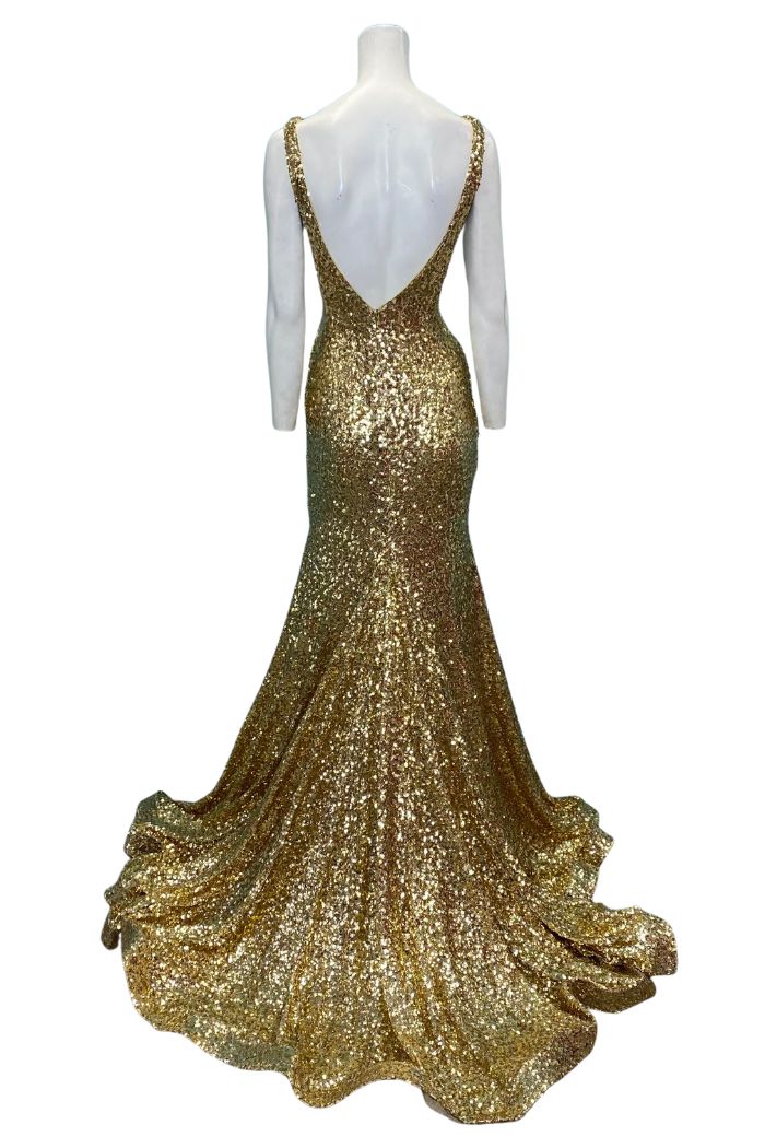 Style 23079 Jovani Size 2 Pageant Plunge Sheer Gold Floor Length Maxi on Queenly