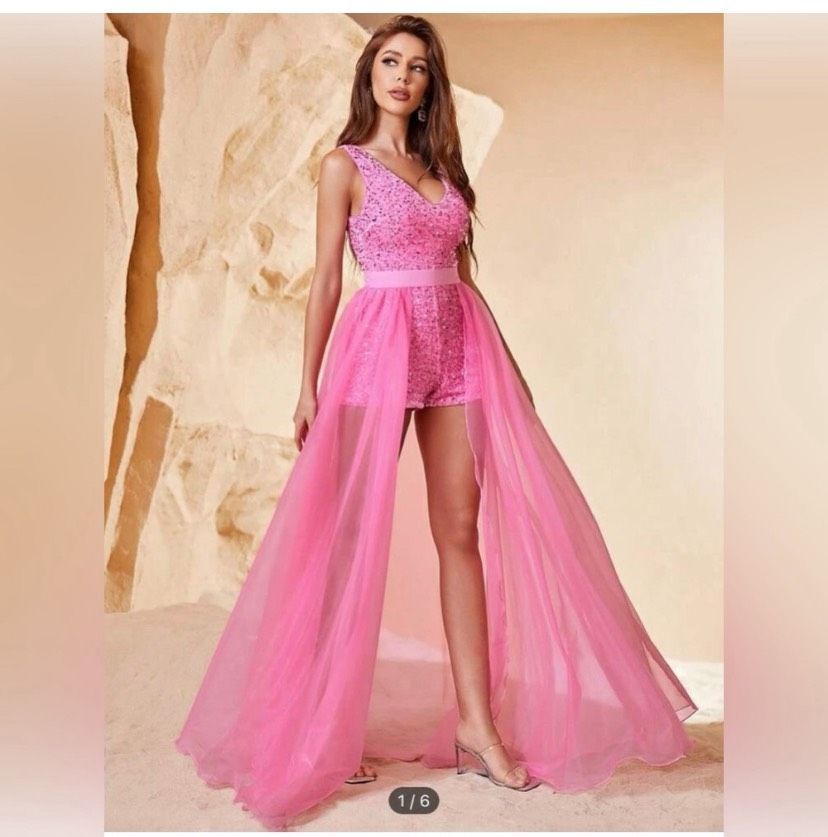 Size 12 Pageant Pink Formal Jumpsuit on Queenly