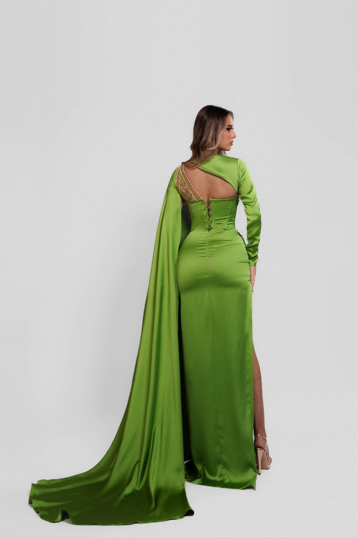 Style Mariposa Minna Fashion Size XS Pageant Long Sleeve Sheer Green Side Slit Dress on Queenly