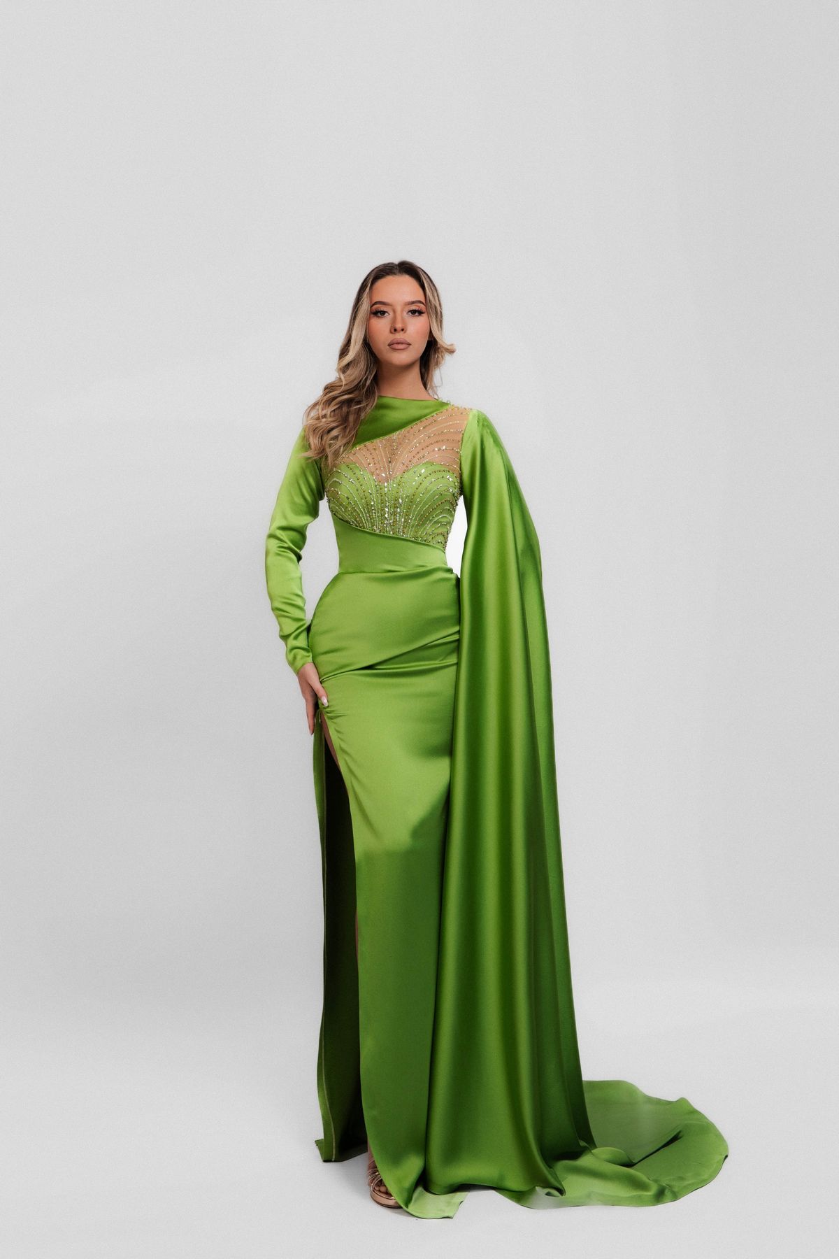 Style Mariposa Minna Fashion Size L Pageant Long Sleeve Sheer Green Side Slit Dress on Queenly