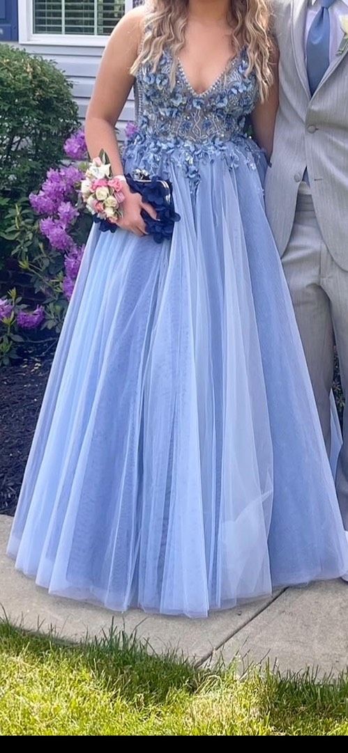Style 3110 Jovani Size 2 Prom Plunge Floral Blue Ball Gown on Queenly