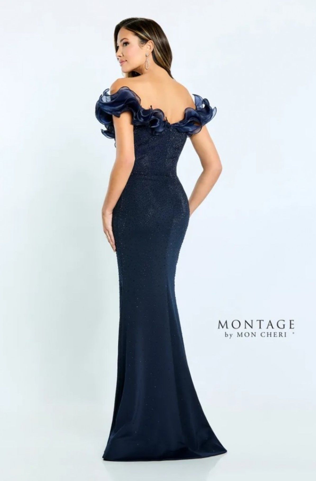 Style M503 Montage by Mon Cheri Size 12 Off The Shoulder Navy Blue Mermaid Dress on Queenly