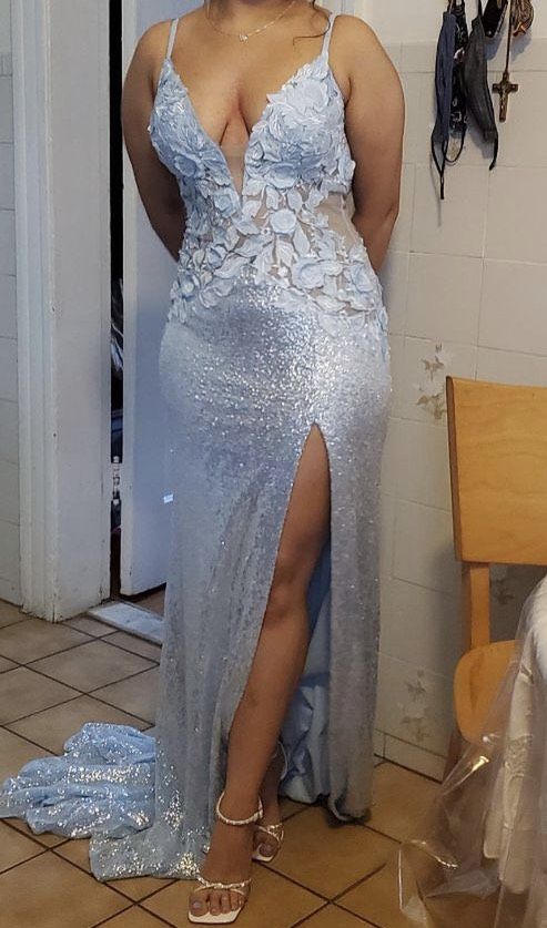 Jovani Size 6 Prom Plunge Blue Side Slit Dress on Queenly