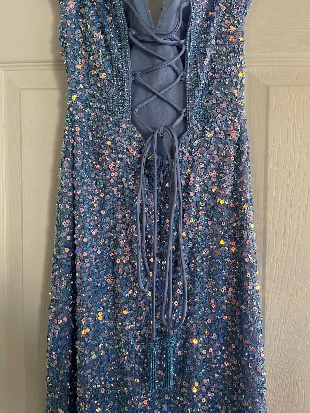 Style 70195 Rachel Allan Size 6 Prom Halter Blue Side Slit Dress on Queenly