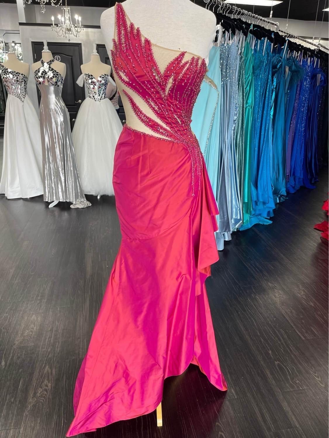 Style 39617A Jovani Size 6 Prom One Shoulder Sequined Hot Pink Side Slit Dress on Queenly