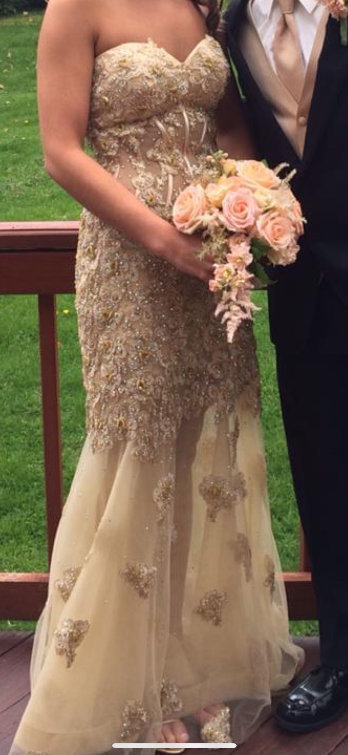 Jovani Size 0 Prom Strapless Floral Gold Ball Gown on Queenly