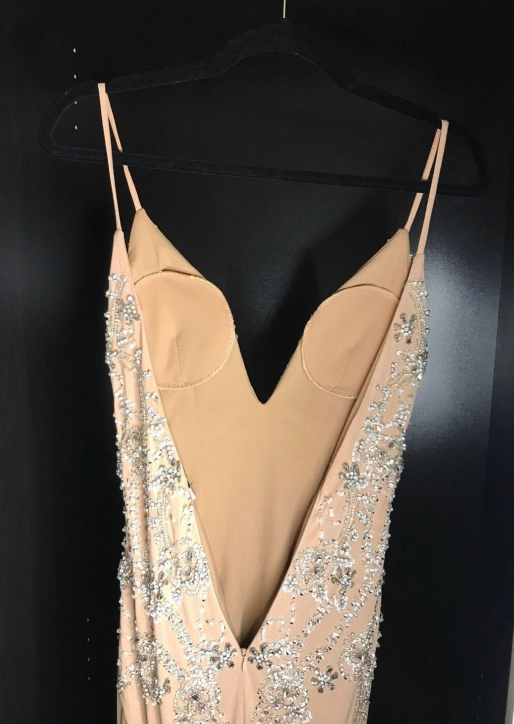 Jovani Size S Plunge Nude Side Slit Dress on Queenly