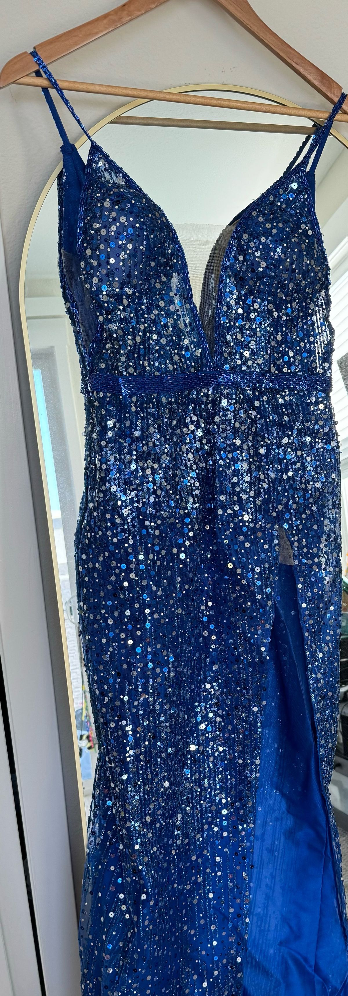 Size S Pageant Plunge Blue Dress With Train on Queenly