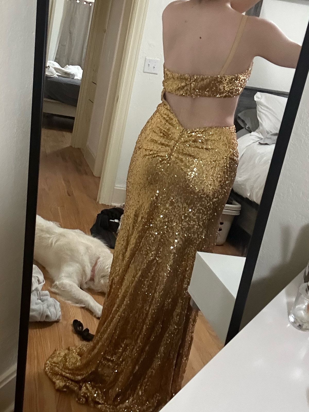 Sherri Hill Size 4 Prom One Shoulder Gold Side Slit Dress on Queenly
