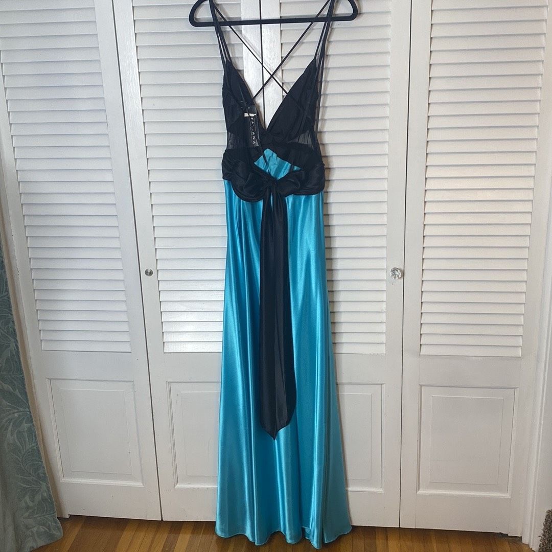 Style 1597 Faviana Size 12 Plunge Sheer Blue Floor Length Maxi on Queenly