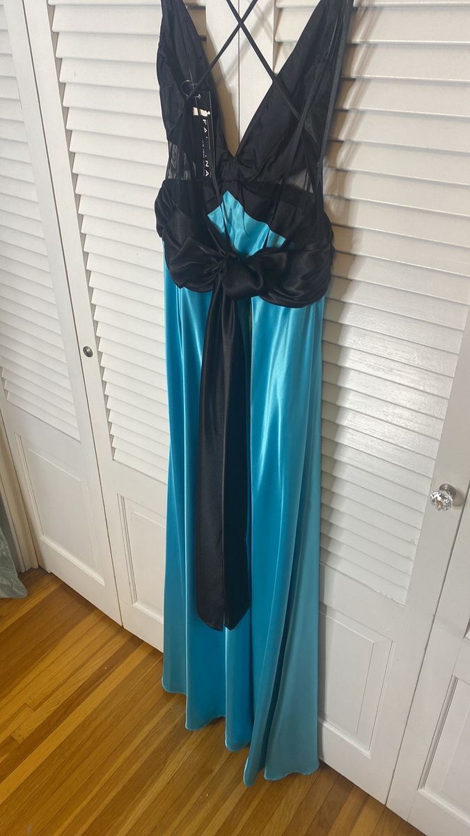 Style 1597 Faviana Size 12 Plunge Sheer Blue Floor Length Maxi on Queenly