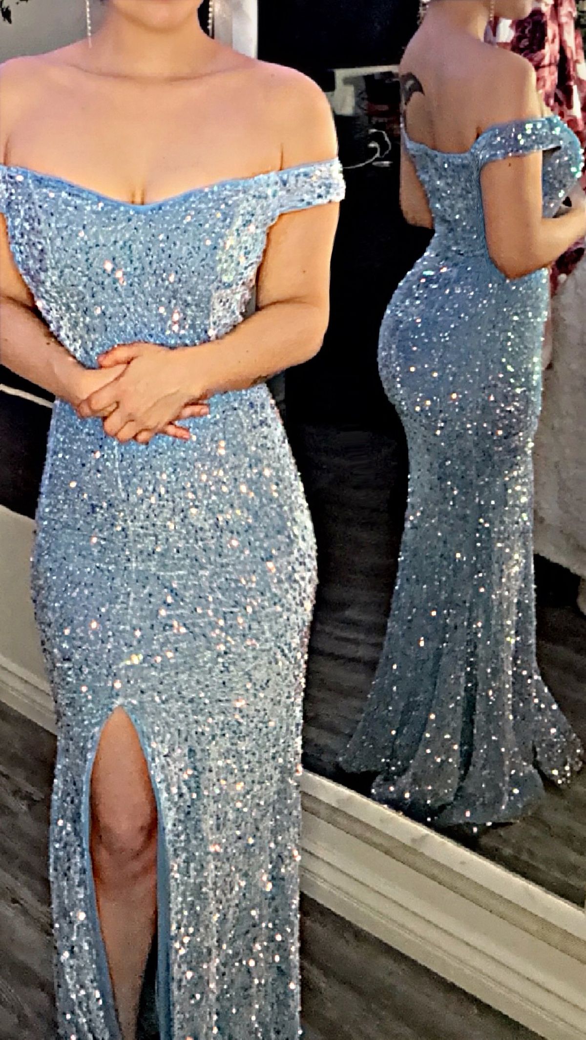 Size S Prom Off The Shoulder Light Blue Side Slit Dress on Queenly