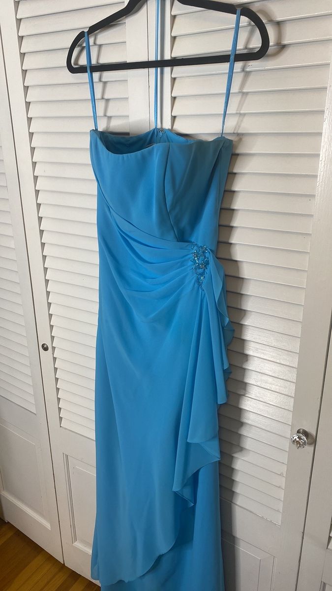 Style 5235 Raylia Designs Size 10 Prom Strapless Sheer Turquoise Blue Floor Length Maxi on Queenly