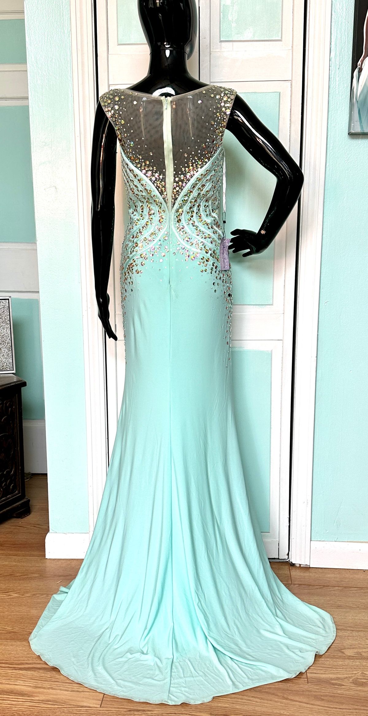 Style 115722 Tony Bowls Size 8 Prom High Neck Turquoise Green Mermaid Dress on Queenly