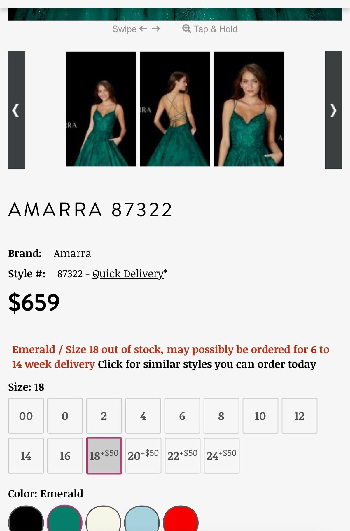 Style 87322 Amarra Plus Size 18 Prom Plunge Green Ball Gown on Queenly