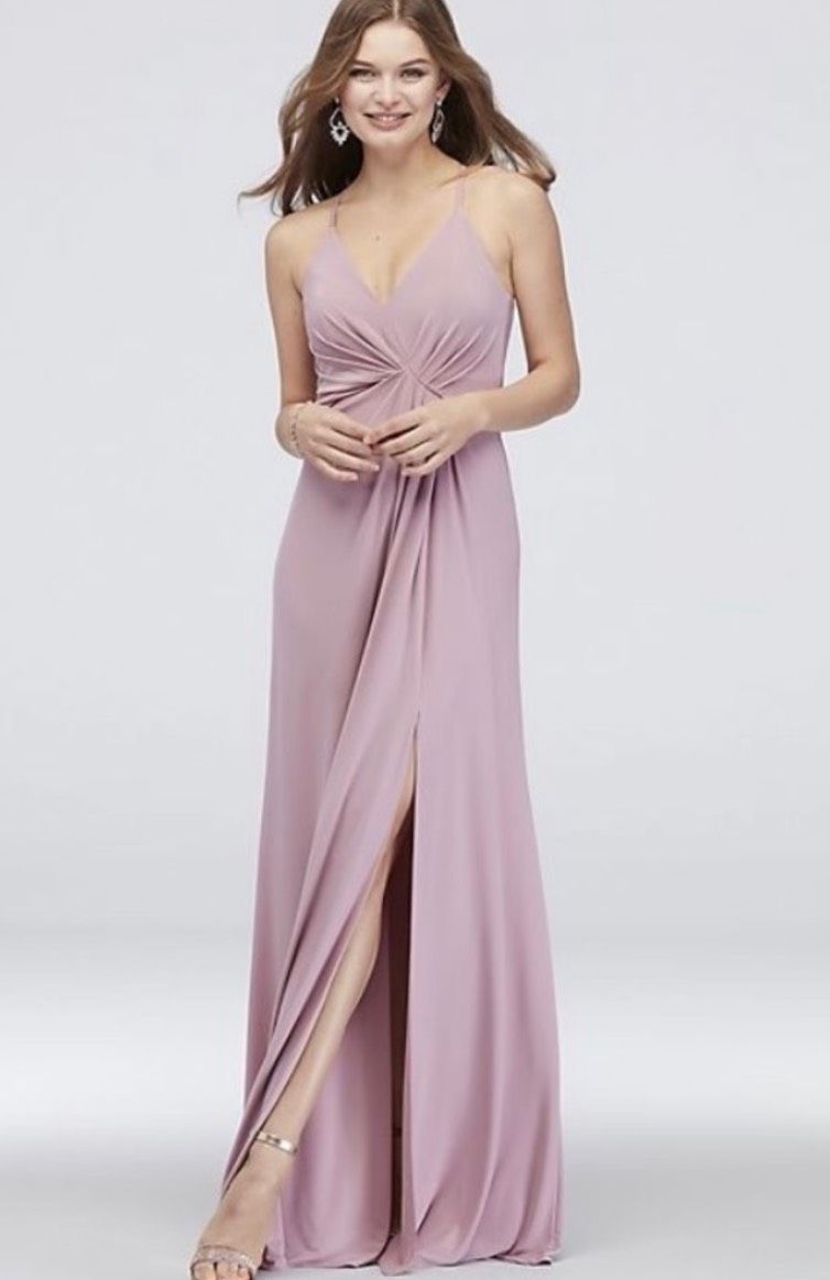 Style 12403501 David's Bridal Size 4 Wedding Guest Plunge Pink Side Slit Dress on Queenly