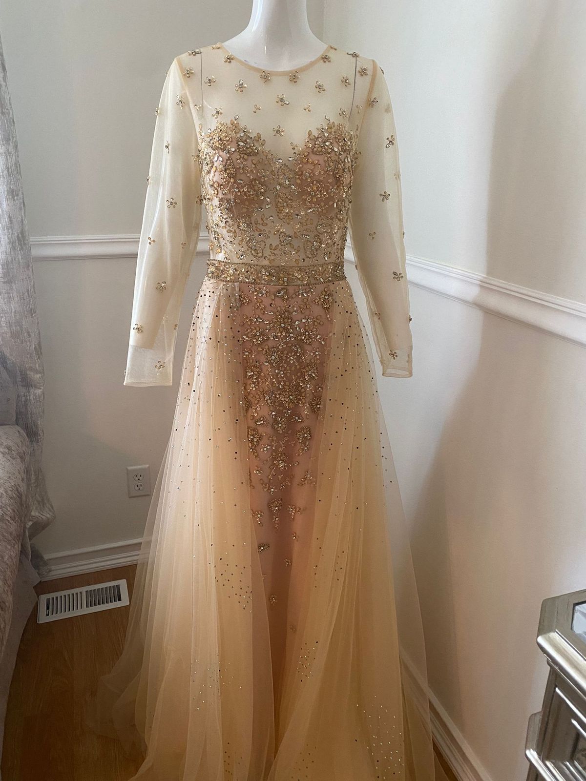 Style 53743 Jovani Size 2 Long Sleeve Sheer Gold Ball Gown on Queenly