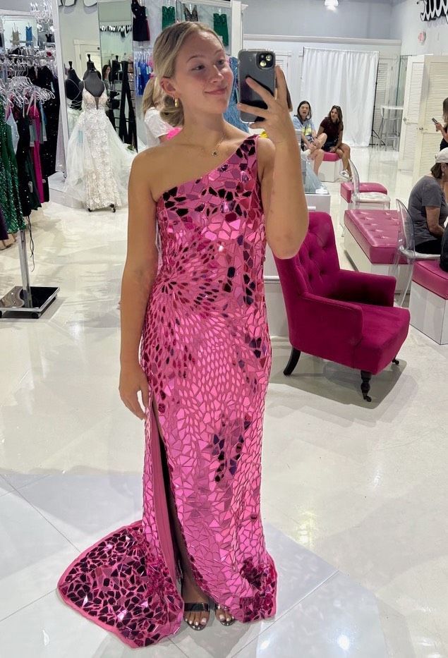 Style 53922 Sherri Hill Size 6 Prom One Shoulder Pink Mermaid Dress on Queenly