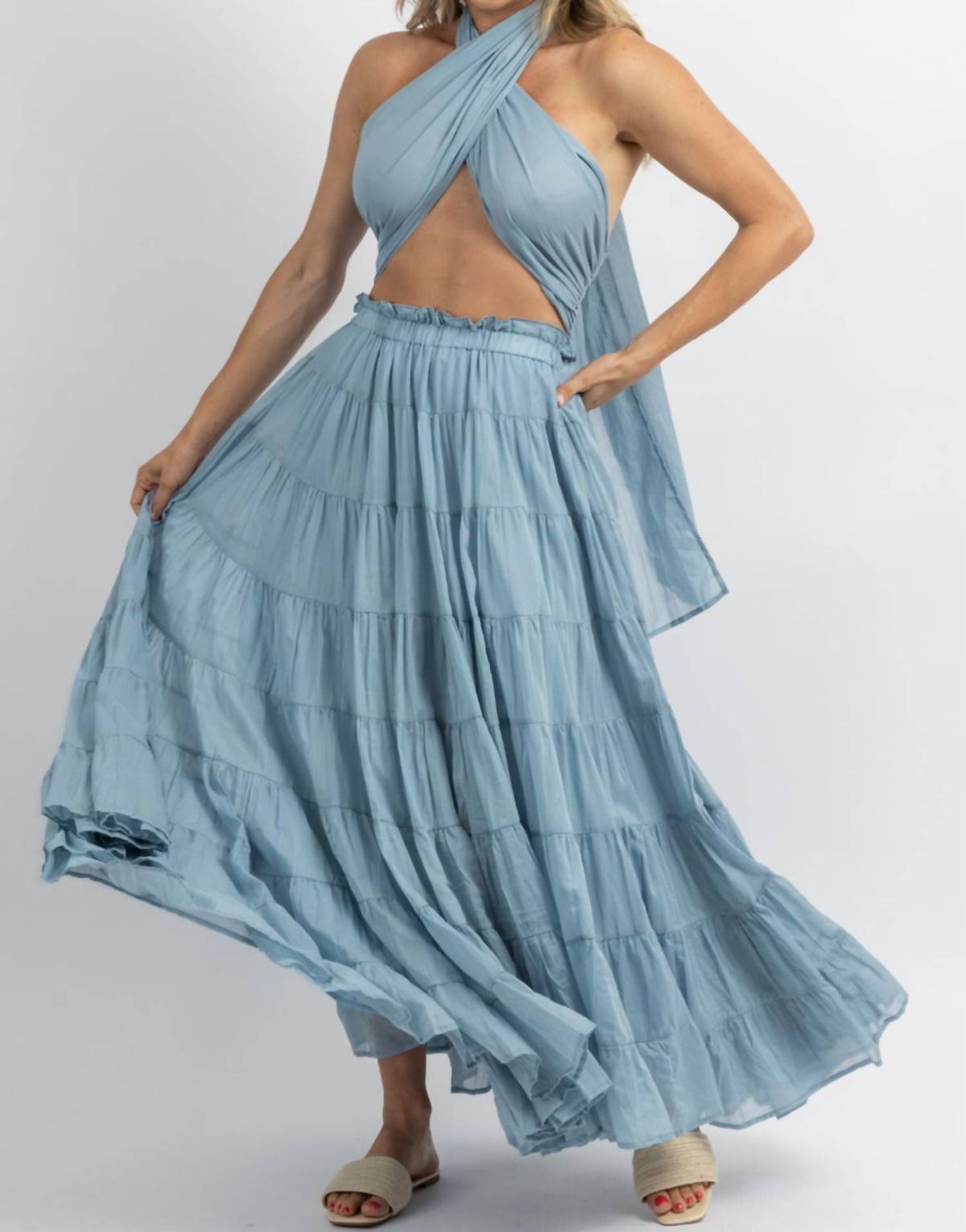 Style 1-2626206268-2696 MABLE Size L Halter Blue Floor Length Maxi on Queenly