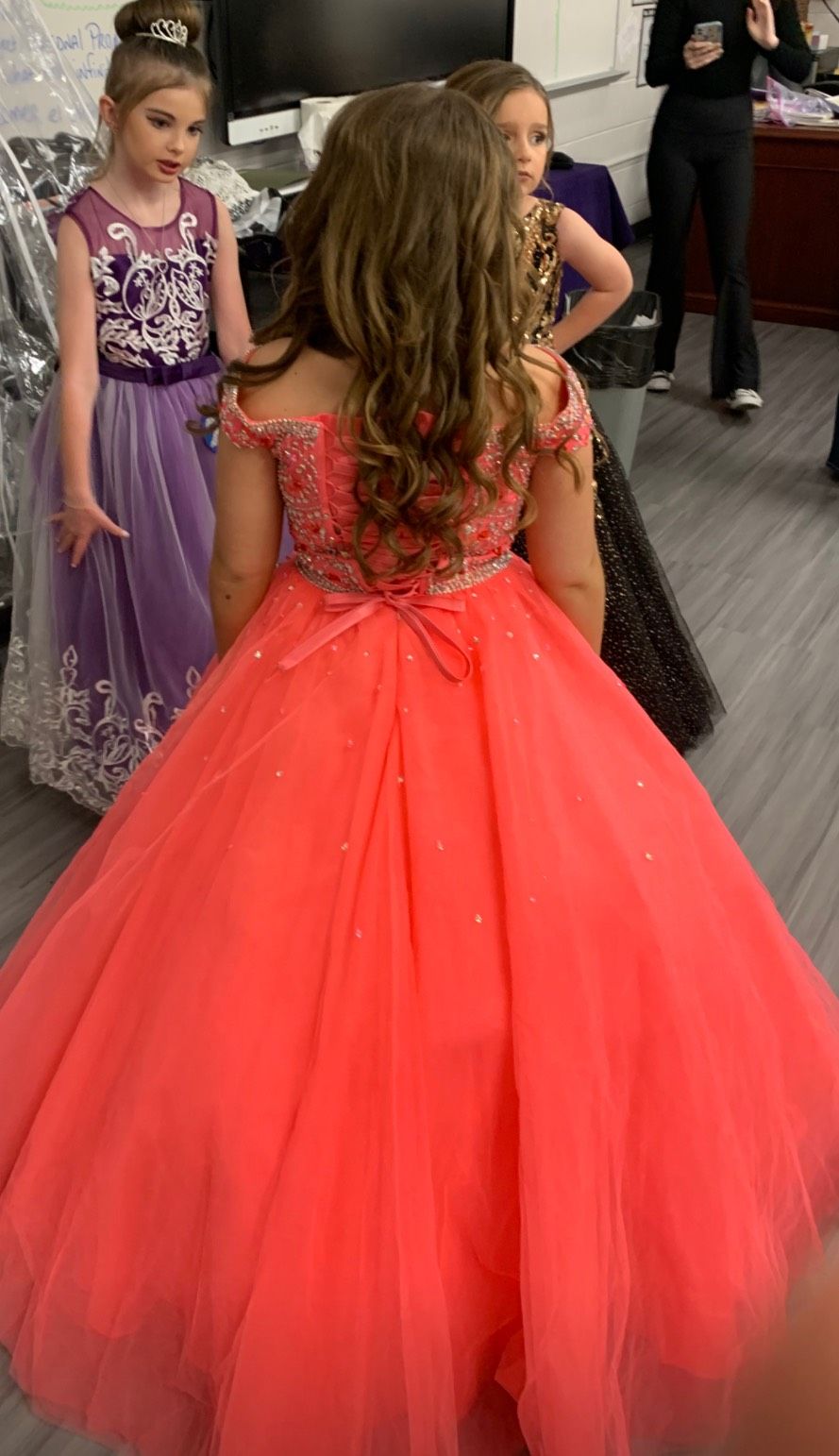 Style 13458 Tiffany Designs Girls Size 10 Pageant Off The Shoulder Coral Ball Gown on Queenly
